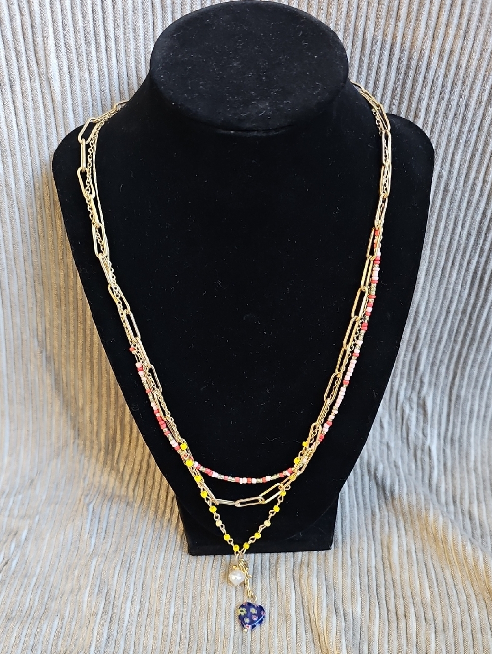 Plunder Gold-Tone Multi-Strand Beaded Heart Pendant Necklace - Pink & Yellow